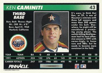 1992 Pinnacle #43 Ken Caminiti Back