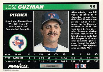 1992 Pinnacle #98 Jose Guzman Back