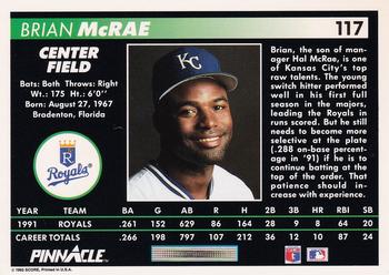 1992 Pinnacle #117 Brian McRae Back