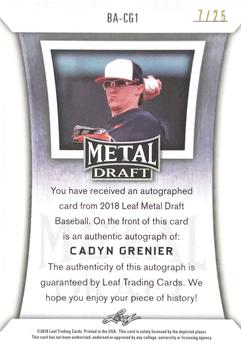 2018 Leaf Metal Draft - Purple #BA-CG1 Cadyn Grenier Back