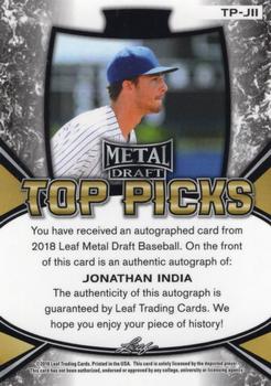 2018 Leaf Metal Draft - Top Picks Autographs #TP-JI1 Jonathan India Back