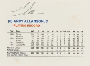 1987 Gatorade Cleveland Indians SGA #NNO Andy Allanson Back