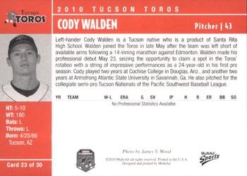 2010 MultiAd Tucson Toros #23 Cody Walden Back
