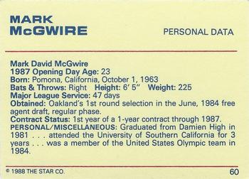 1988 Star Platinum #60 Mark McGwire Back