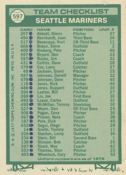1977 Topps - Team Checklists #597 Seattle Mariners / Darrell Johnson / Don Bryant / Jim Busby / Vada Pinson / Wes Stock Back