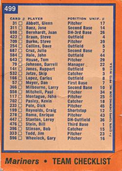 1978 Topps - Team Checklists #499 Seattle Mariners Back