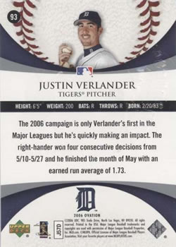 2006 Upper Deck Ovation #93 Justin Verlander Back