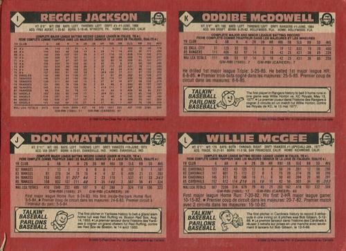 1986 O-Pee-Chee - Wax Box Bottom Panels #I / J / K / L Reggie Jackson / Don Mattingly / Oddibe McDowell / Willie McGee Back