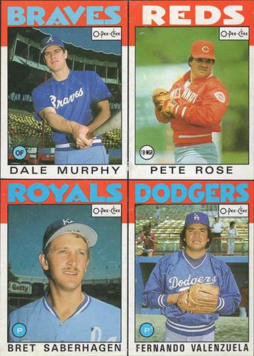1986 O-Pee-Chee - Wax Box Bottom Panels #M / N / O / P Dale Murphy / Pete Rose / Bret Saberhagen / Fernando Valenzuela Front