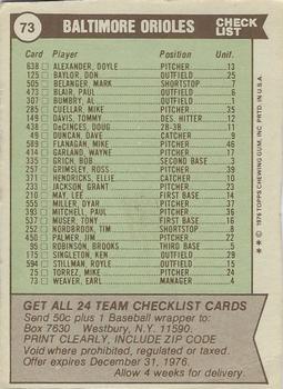 1976 Topps - Team Checklists #73 Baltimore Orioles / Earl Weaver Back