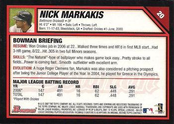 2007 Bowman #20 Nick Markakis Back