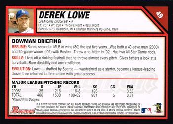 2007 Bowman #49 Derek Lowe Back