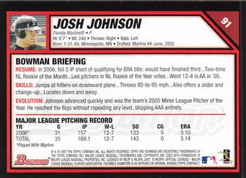 2007 Bowman #91 Josh Johnson Back