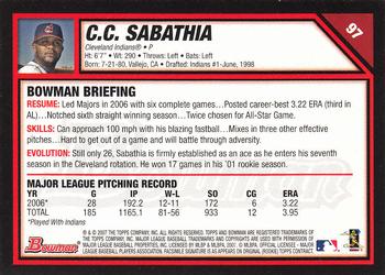 2007 Bowman #97 C.C. Sabathia Back