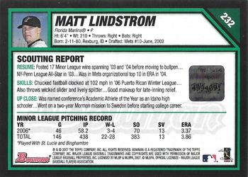 2007 Bowman #232 Matt Lindstrom Back