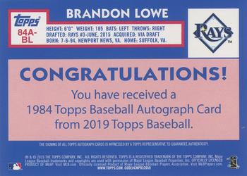 2019 Topps - 1984 Topps Baseball 35th Anniversary Autographs #84A-BL Brandon Lowe Back