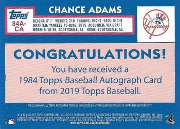 2019 Topps - 1984 Topps Baseball 35th Anniversary Autographs #84A-CA Chance Adams Back