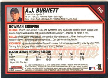 2007 Bowman Chrome #104 A.J. Burnett Back