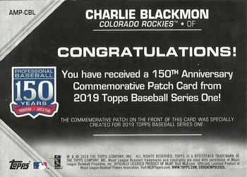 2019 Topps - 150th Anniversary Commemorative Patches (Series One) #AMP-CBL Charlie Blackmon Back