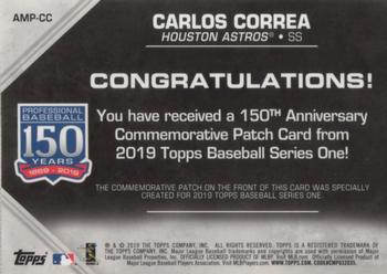 2019 Topps - 150th Anniversary Commemorative Patches (Series One) #AMP-CC Carlos Correa Back
