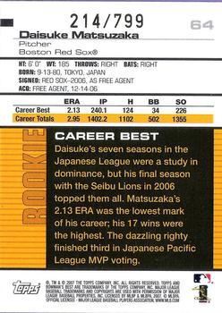 2007 Bowman's Best #64 Daisuke Matsuzaka Back