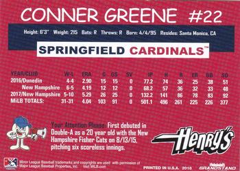 2018 Grandstand Springfield Cardinals SGA #NNO Conner Greene Back