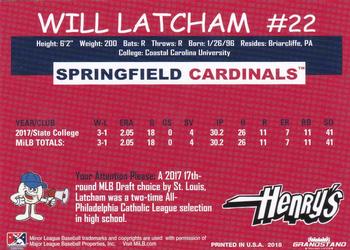 2018 Grandstand Springfield Cardinals SGA #NNO Will Latcham Back