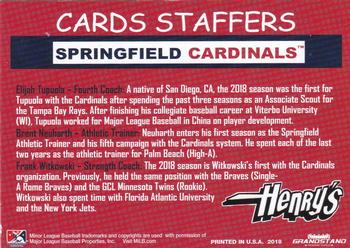 2018 Grandstand Springfield Cardinals SGA #NNO Cards Staffers (Elijah Tupuola / Brent Neuharth / Frank Witkowski) Back