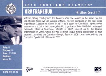 2010 MultiAd Portland Beavers #18 Orv Franchuk Back