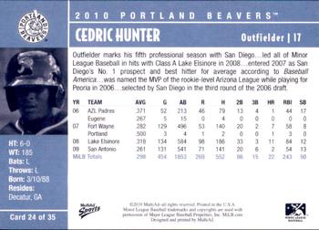 2010 MultiAd Portland Beavers #24 Cedric Hunter Back