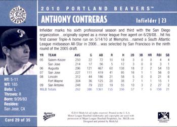 2010 MultiAd Portland Beavers #29 Anthony Contreras Back