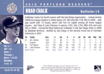 2010 MultiAd Portland Beavers #31 Brad Chalk Back