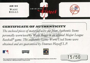 2005 Playoff Absolute Memorabilia - Heroes Swatch Double #AH-44 Wade Boggs Back