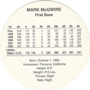 1993 Cadaco Discs #NNO Mark McGwire Back