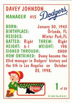 1999 Keebler Los Angeles Dodgers #1 Davey Johnson Back