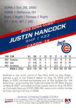 2018 Choice Iowa Cubs #14 Justin Hancock Back