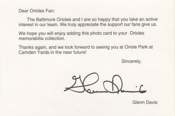 1992 Baltimore Orioles Photocards #NNO Glenn Davis Back