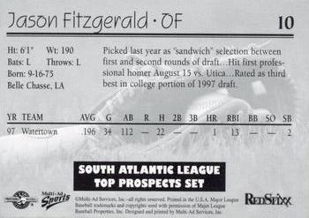1998 Multi-Ad South Atlantic League Top Prospects #10 Jason Fitzgerald Back