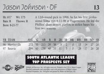 1998 Multi-Ad South Atlantic League Top Prospects #13 Jason Johnson Back