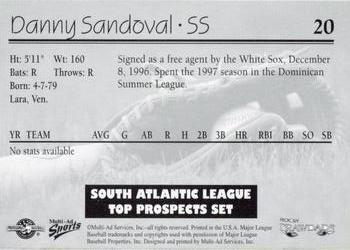 1998 Multi-Ad South Atlantic League Top Prospects #20 Danny Sandoval Back