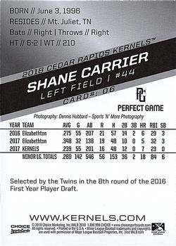 2018 Choice Cedar Rapids Kernels #06 Shane Carrier Back