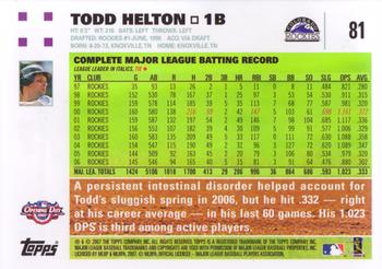 2007 Topps Opening Day #81 Todd Helton Back
