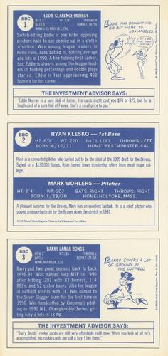 1992 Baseball Cards Magazine '70 Topps Replicas - Panels #1-3 Eddie Murray / Ryan Klesko / Mark Wohlers / Barry Bonds Back