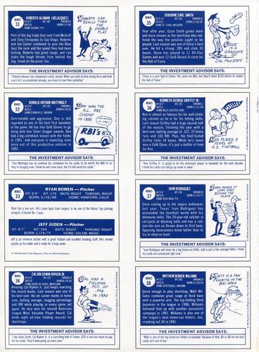 1992 Baseball Cards Magazine '70 Topps Replicas - Panels #31-38 Roberto Alomar / Don Mattingly / Ryan Bowen / Jeff Juden / Cal Ripken Jr. / Ozzie Smith / Ken Griffey Jr. / Ivan Rodriguez / Matt Williams Back