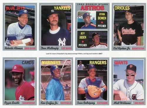 1992 Baseball Cards Magazine '70 Topps Replicas - Panels #31-38 Roberto Alomar / Don Mattingly / Ryan Bowen / Jeff Juden / Cal Ripken Jr. / Ozzie Smith / Ken Griffey Jr. / Ivan Rodriguez / Matt Williams Front