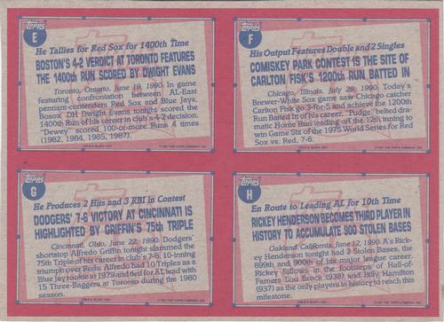 1991 Topps - Wax Box Bottom Panels #E / F / G / H Dwight Evans / Carlton Fisk / Alfredo Griffin / Rickey Henderson Back