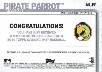 2019 Topps Opening Day - Mascot Autographs #MA-PP Pirate Parrot Back
