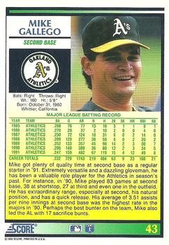 1992 Score #43 Mike Gallego Back