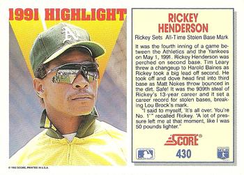 1992 Score #430 Rickey Henderson Back