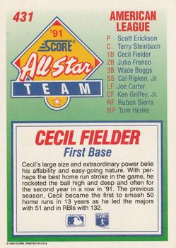 1992 Score #431 Cecil Fielder Back